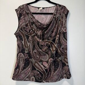 Jennie & Marlis Womens XL Paisley Cowl Neck Sleeveless Blouse Purple Brown Black
